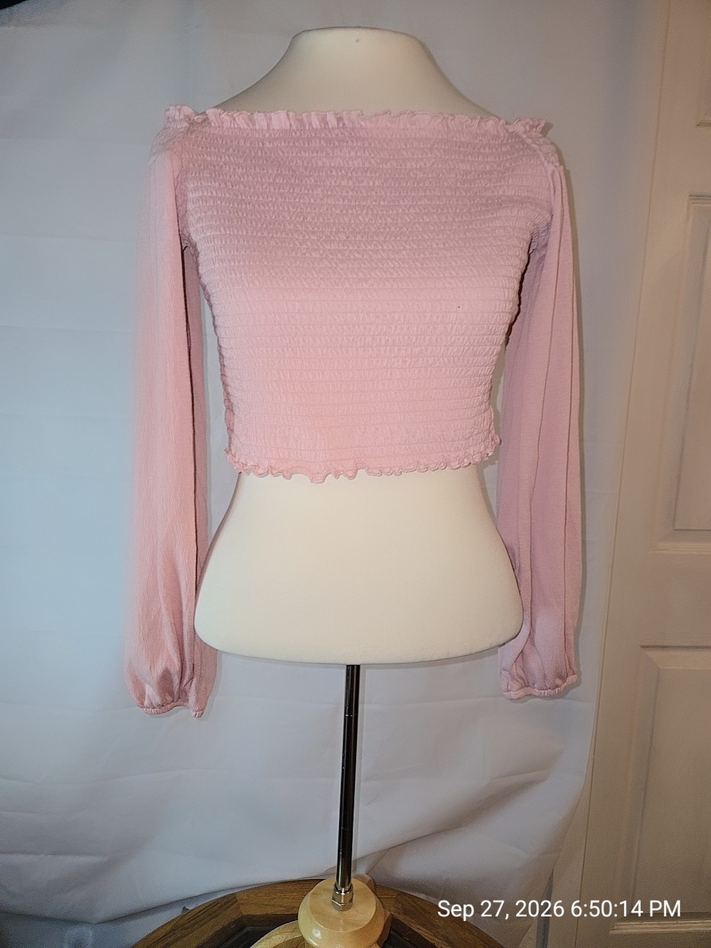 Garage Pink Smocked Off-Shoulder Long-Sleeve Crop Top